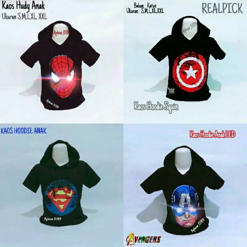 kaos hoodie anak usia 1-10 tahun karakter usap/led nyala terbaru kaos anak