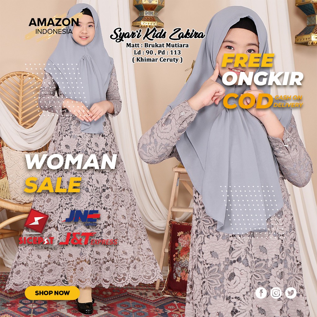 PAKAIAN MUSLIM ANAK PEREMPUAN WARNA GREY BAHAN BRUKAT MUTIARA DINGIN TEBAL ORIGINAL FULL LURING ORI