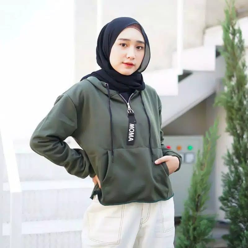 PAKAIAN BAJU OUTERWEAR HOODIE CROP OVERSIZE MOMA CEWEK CEWE ARMY FLEECE TEBAL KOREA STYLE R17