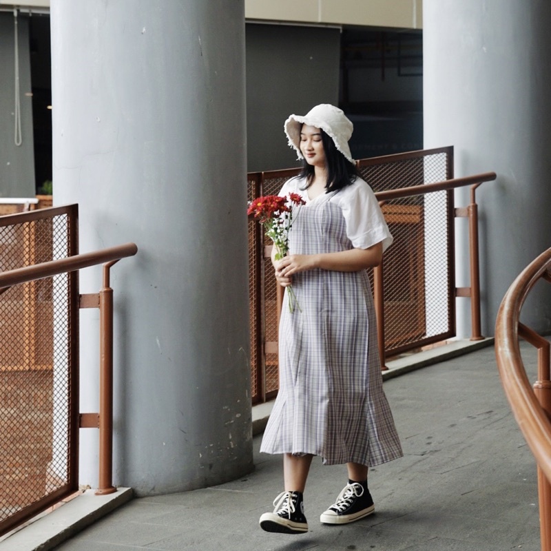 DRESS KOREAN DELILAH BLOOM PLAID KOREAN STYLE FASHION VINTAGE PURPLE CASUAL SIMPLE SUMMER MIDI LIMIT