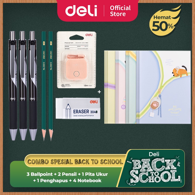 

[ DELI Back to School COMBO HEMAT 8] Soft cover Notebook, Pensil, Penghapus, Pulpen, Meteran Mini