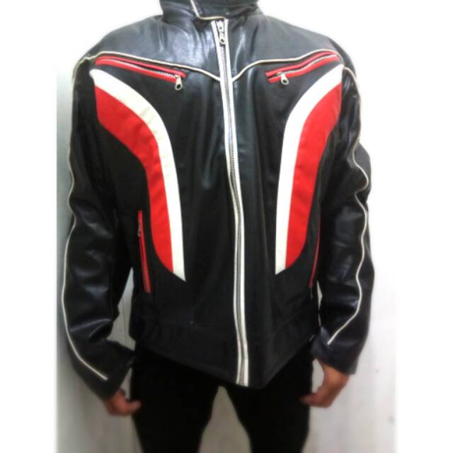 Jaket Motor // Jaket Kulit Sintesis FZM List Merah Putih