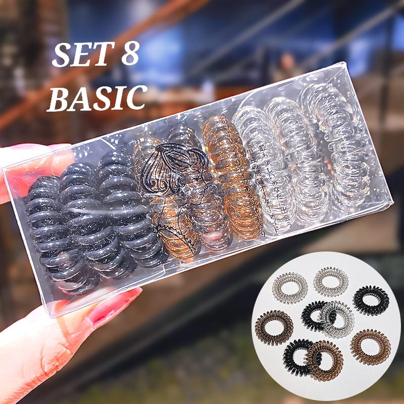 KARET RAMBUT SPIRAL ISI 9 PCS IMPORT / IKAT RAMBUT KOREA / KUNCIRAN WANITA / AKSESORIS KUNCIR CEPOL-Set 8 Basic