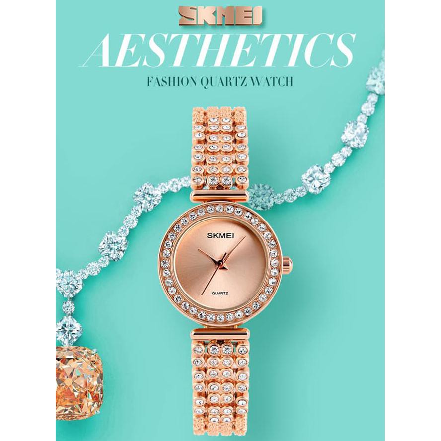 PROMO JAM TANGAN WANITA CEWEK RANTAI ORIGINAL SKMEI CASIO ANTI AIR MEWAH BOX - EMAS TERLARIS