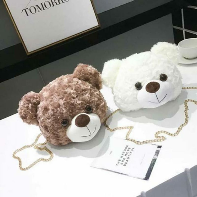 Tas SLempang  Tedy bear slingbag bulu bulu kepala beruang lucu terbaru