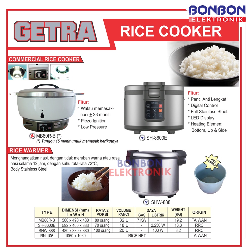 GETRA Rice Cooker 20L SH-8600E Electric / Penanak Nasi Komersial 20 L