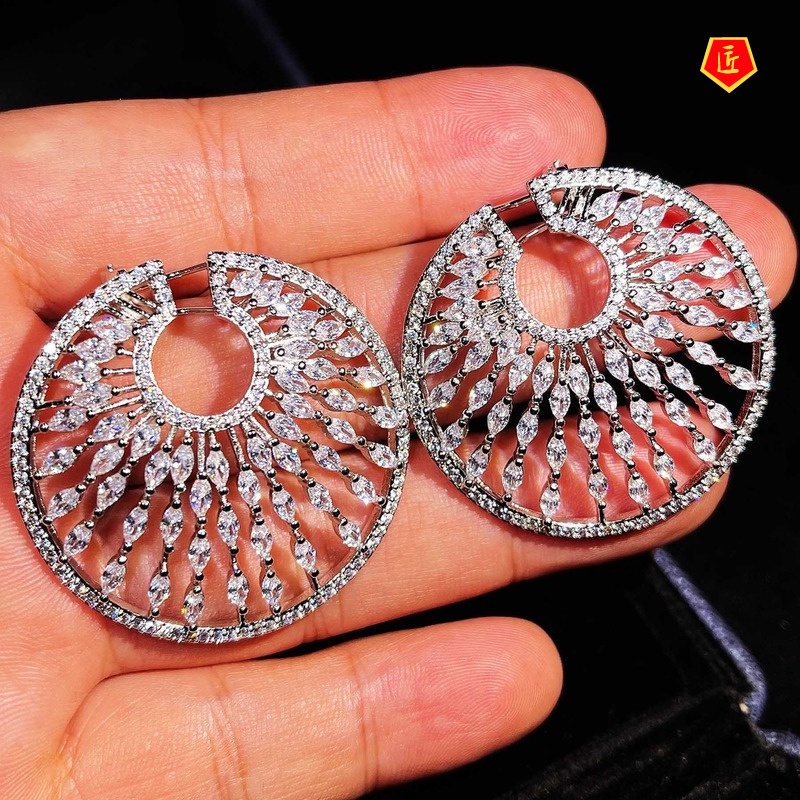 [Ready Stock] Luxury Silver round Large Earrings Micro-Inlaid Full Diamond