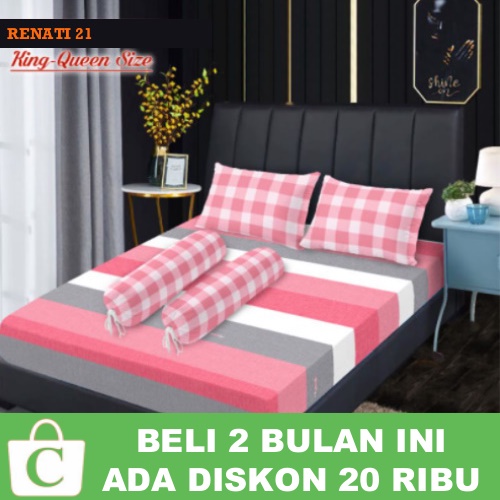 Sprei Sepray Sprey Seprai Motif Garis Kotak King Queen 180x200 160x200 PINK PUTIH ABU RENATI 21