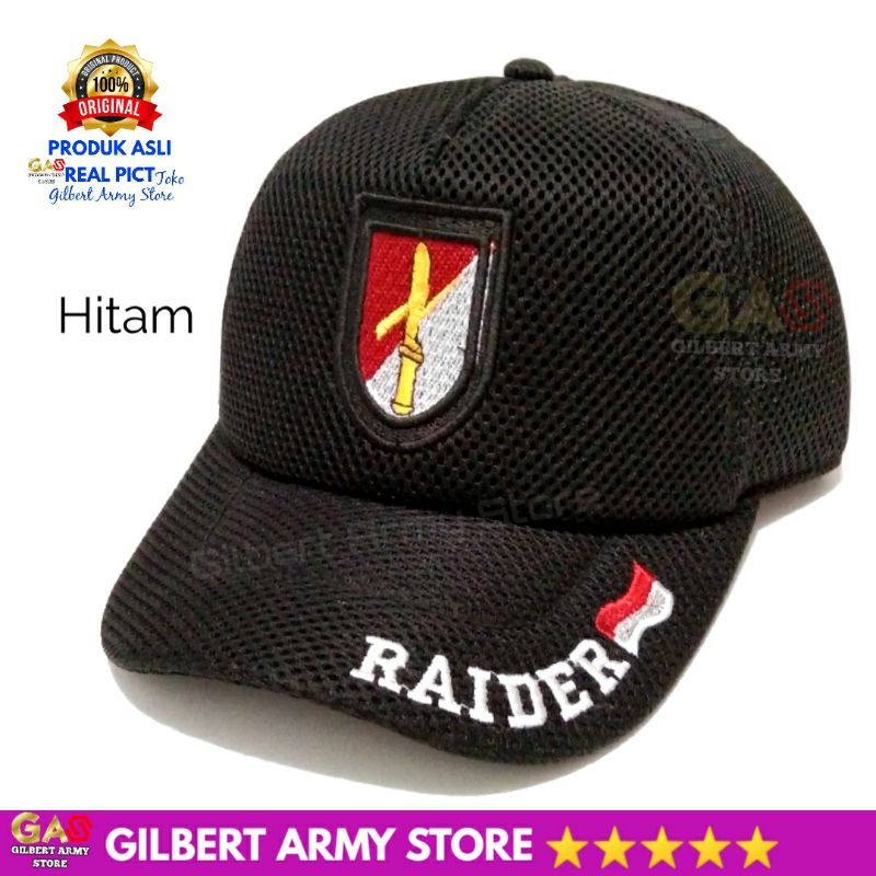 Topi Raider Jaring Hitam GILBERT ARMY STORE Logo Bordir Merah Putih Hat Pria Keren