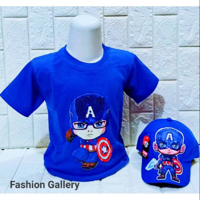 Baju kaos anak laki-laki led kapten amerika gratis topi led - baju anak