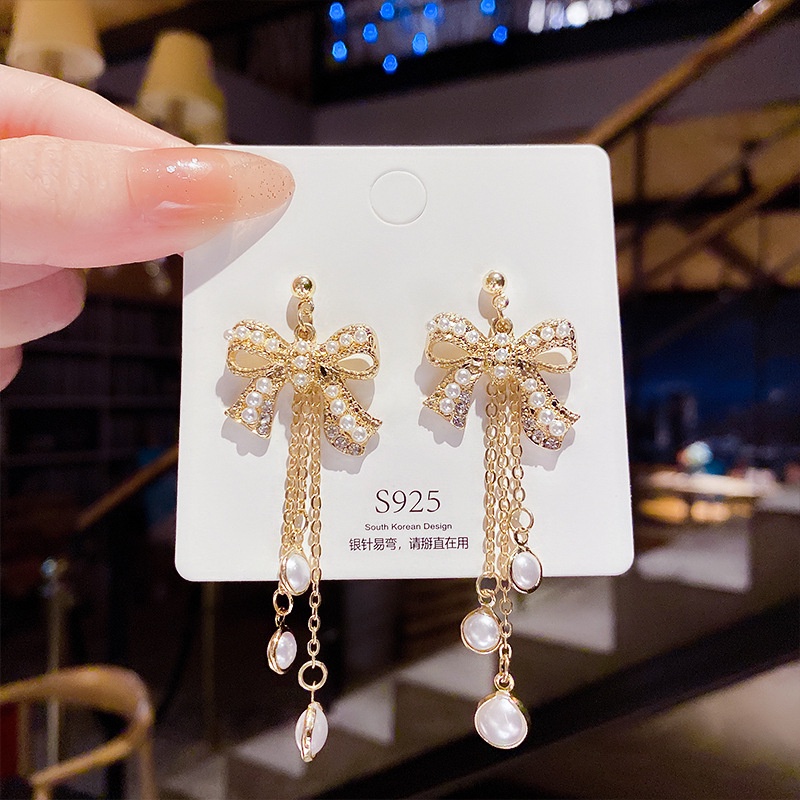 XiaoboACC Anting Gantung Panjang Tusuk Silver S925 Motif Simpul Pita + Rumbai + Mutiara Untuk Wanita