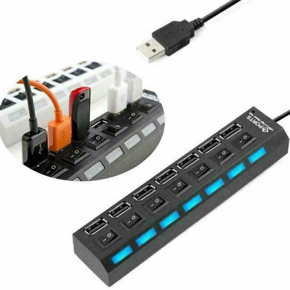 USB 2.0 HUB Multi USB Splitter 7 Port Expander Multiple USB Power Adapter with Switch For PC