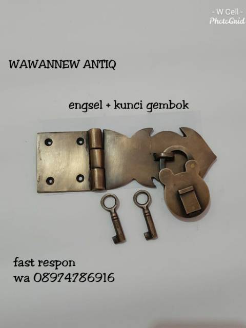 Grendel Engsel + Kunci Gembok Pintu Rumah Pagar Kuningan Antik Murah