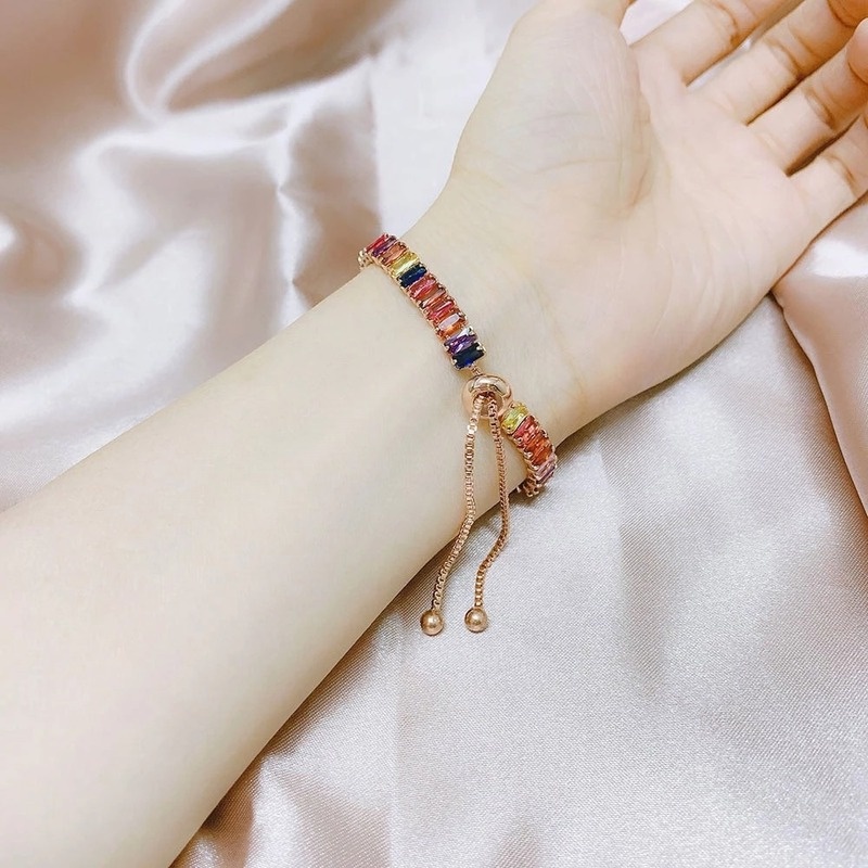 Gelang Rantai Tembaga Adjustable Hias Zirkon Warna-Warni Untuk Wanita