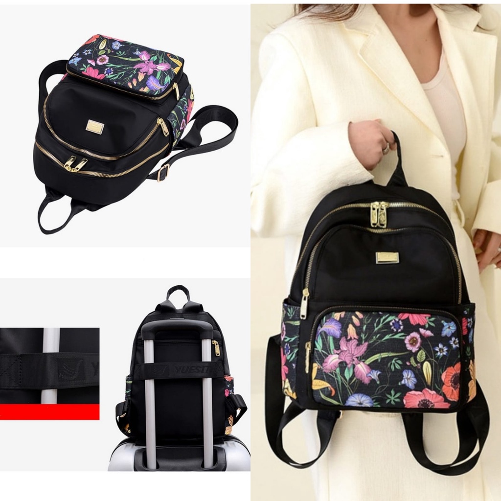 TAS RANSEL WANITA 3 RESLETING ANTI AIR MOTIF BUNGA HITAM BACKPACK LUMBIA TA573B5 CEWEK KOREA GENDONG PUNGGUNG SEKOLAH KULIAH KERJA IMPORT PREMIUM REMAJA KEKINIAN BATAM BRANDED