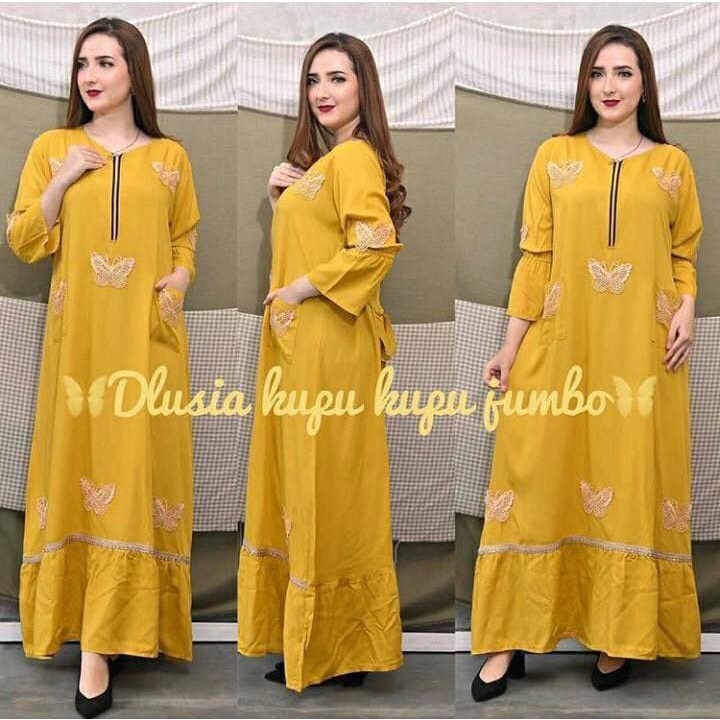 Dlusia Kupu Kupu Dress Wanita Renda Arab Rayon Premium Longdress Lengan Panjang Baju Wanita Kekinian LD 110 cm