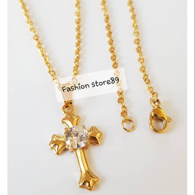 Kalung salib permata titanium gold antikarat /kalung fashion Rohani antikarat KS013