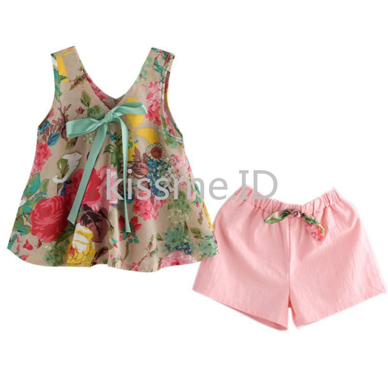 Fashion Anak Set 2Pcs Baju  Atasan  Tanpa Lengan Motif 