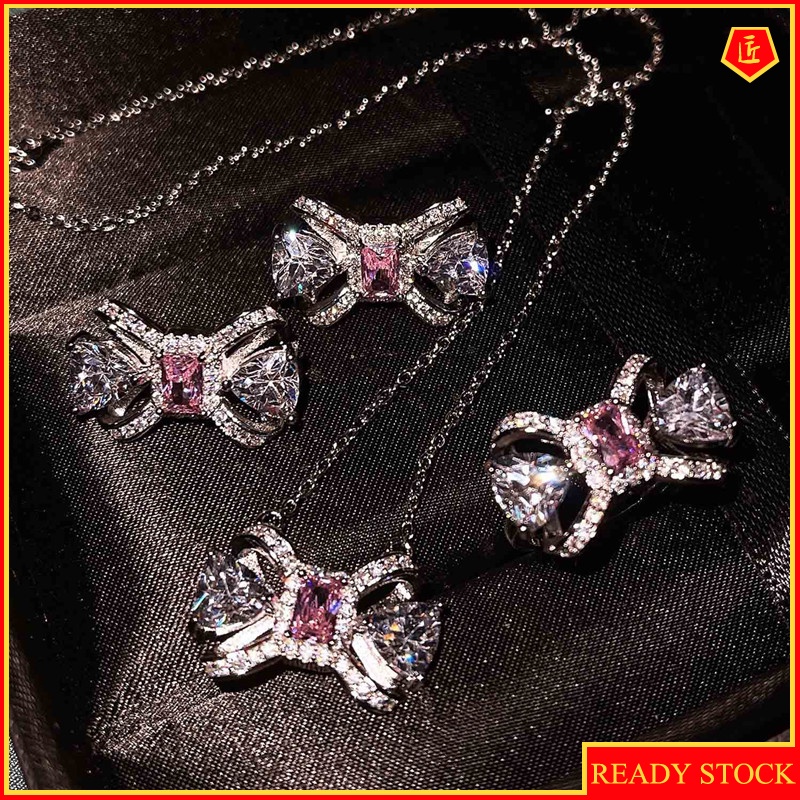 [Ready Stock]Diamond Bow Stud Earrings Elegant Necklace Ring Set