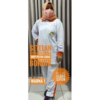 Setelan Olahraga Dharma Wanita Persatuan Bahan Premium Warna Putih Plus Logo Bordir
