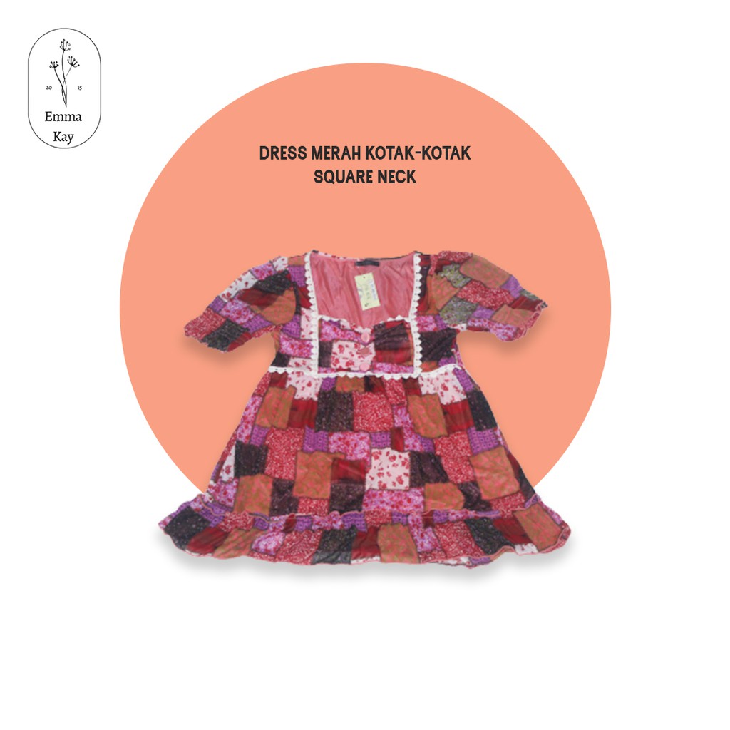 G014 DRESS MERAH KOTAK-KOTAK SQUARE NECK