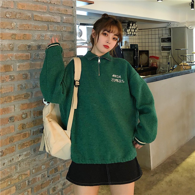 KJA-24 jaket luaran wanita import korea jepang wol bulu tebal winter big size hijau zombie