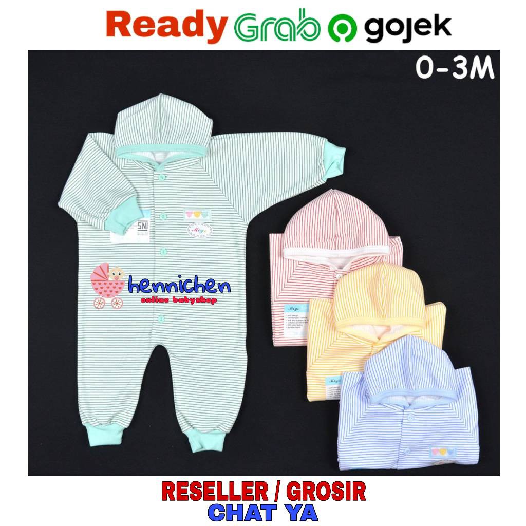 MIYO by libby Baju Kodok Panjang Topi BUKA Kaki Bayi Baby Salur GARIS Newborn (0-3M)