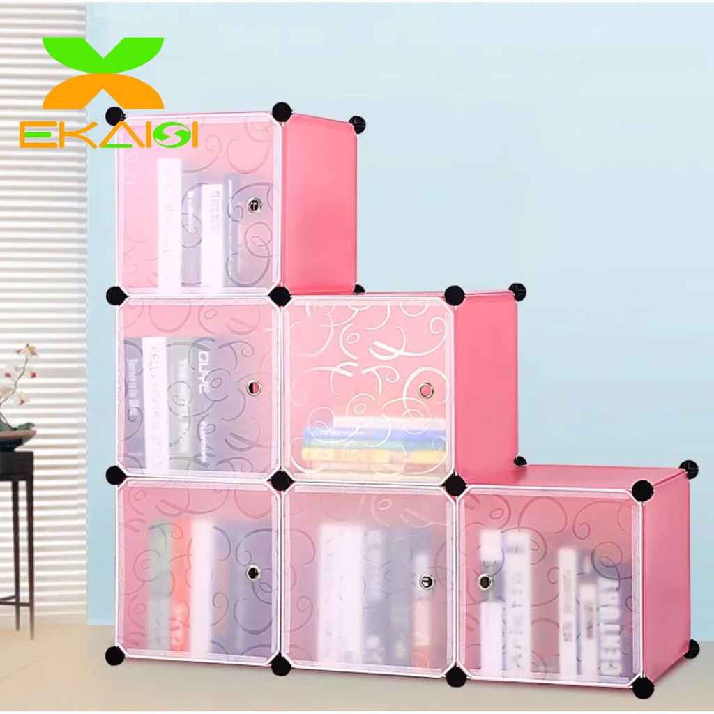 Ekaisi Lemari pakaian plastik lemari portable baju rak serbaguna rak buku 1+2+3 kotak pintu polos