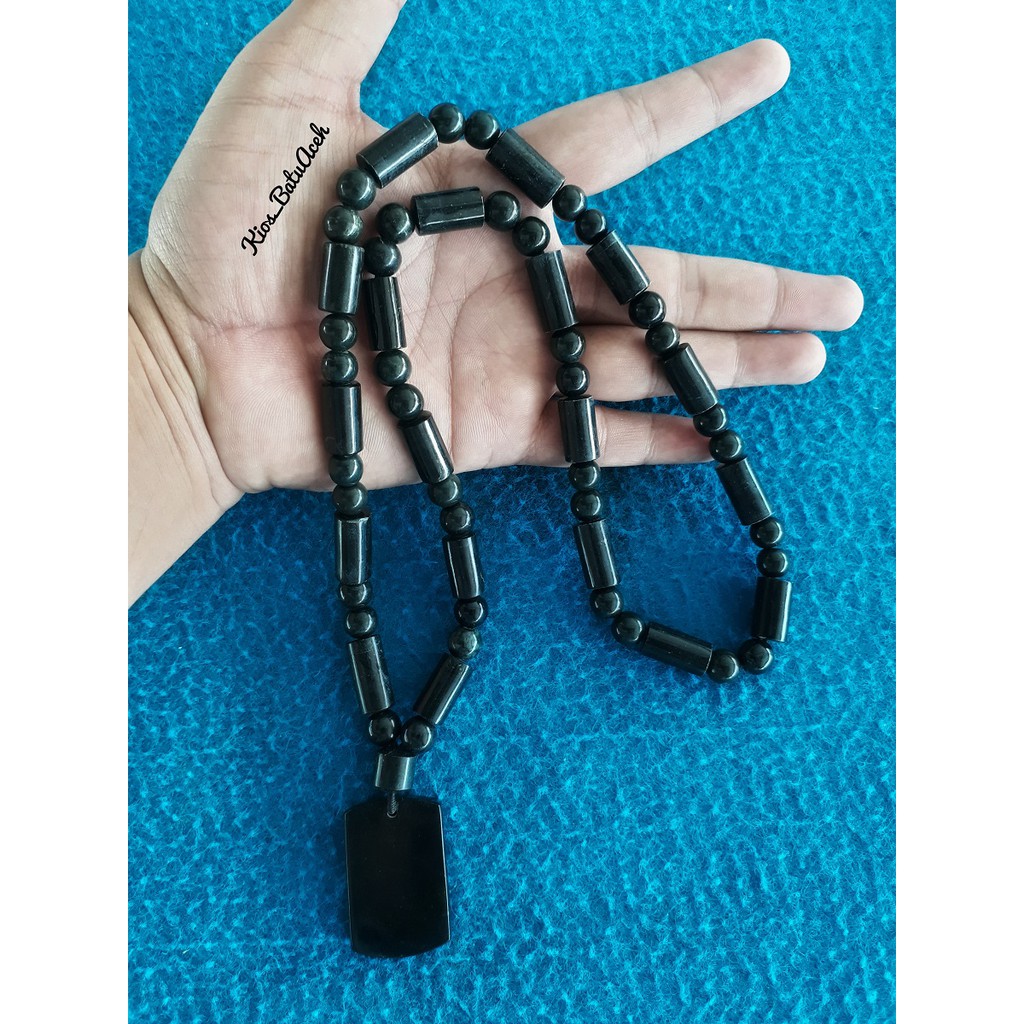 Kalung Liontin Giok Batu Black Jade Asli Aceh Tabung Kombinasi Bulat