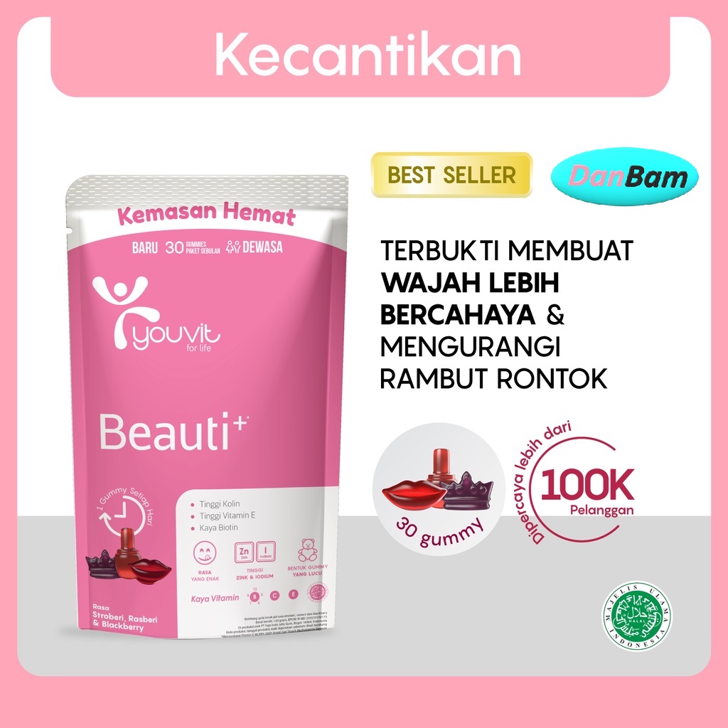 Youvit Beauti+ 1 Pouch (30 Hari) dengan Kolin, Biotin &amp; Vitamin E