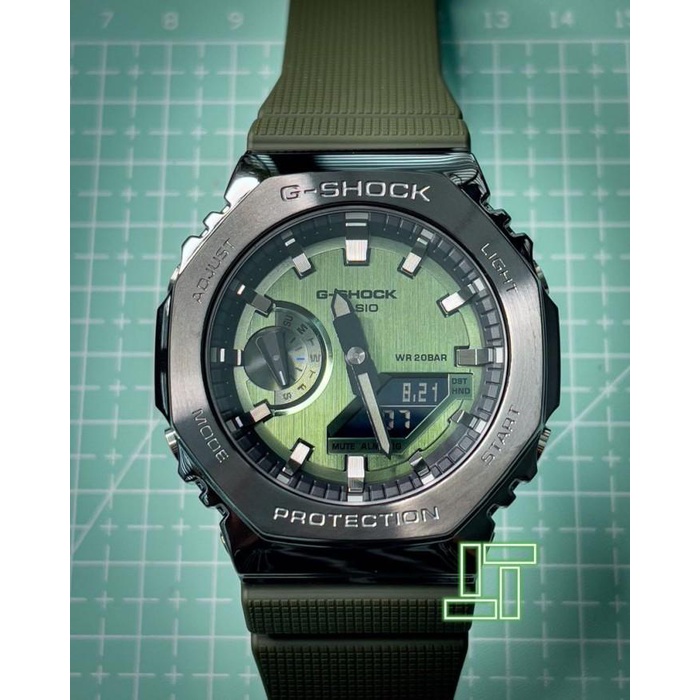 JAM TANGAN CASIO GSHOCK GM-2100B STAINLESS Steel CasiOak Green Army