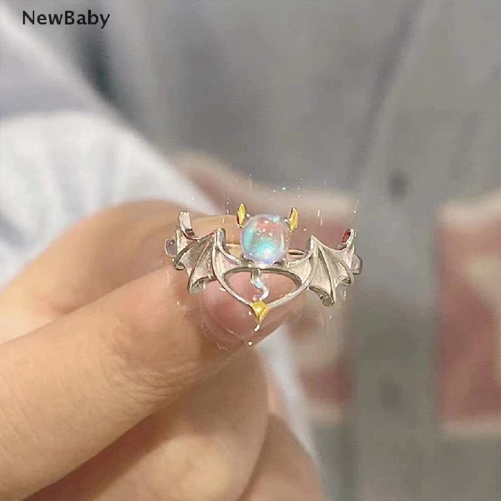 Newbaby 2022 Cincin Pasangan Desain Angel Devil Moonstone Warna Silver Untuk Priawanita