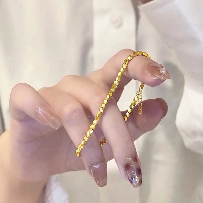 Gelang Titanium Manik Kubus Emas 18K Mewah Anti Karat Perhiasan Wanita Korea
