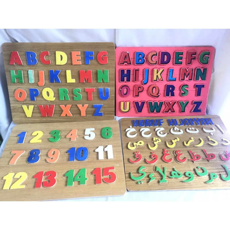 Puzzle Kayu 3Dimensi Timbul Menarik Belajar Mengenal Huruf Angka Hijaiyah