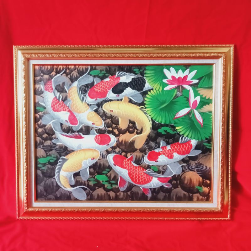 Lukisan Ikan Koi + bingkai pigura ukuran 75x92