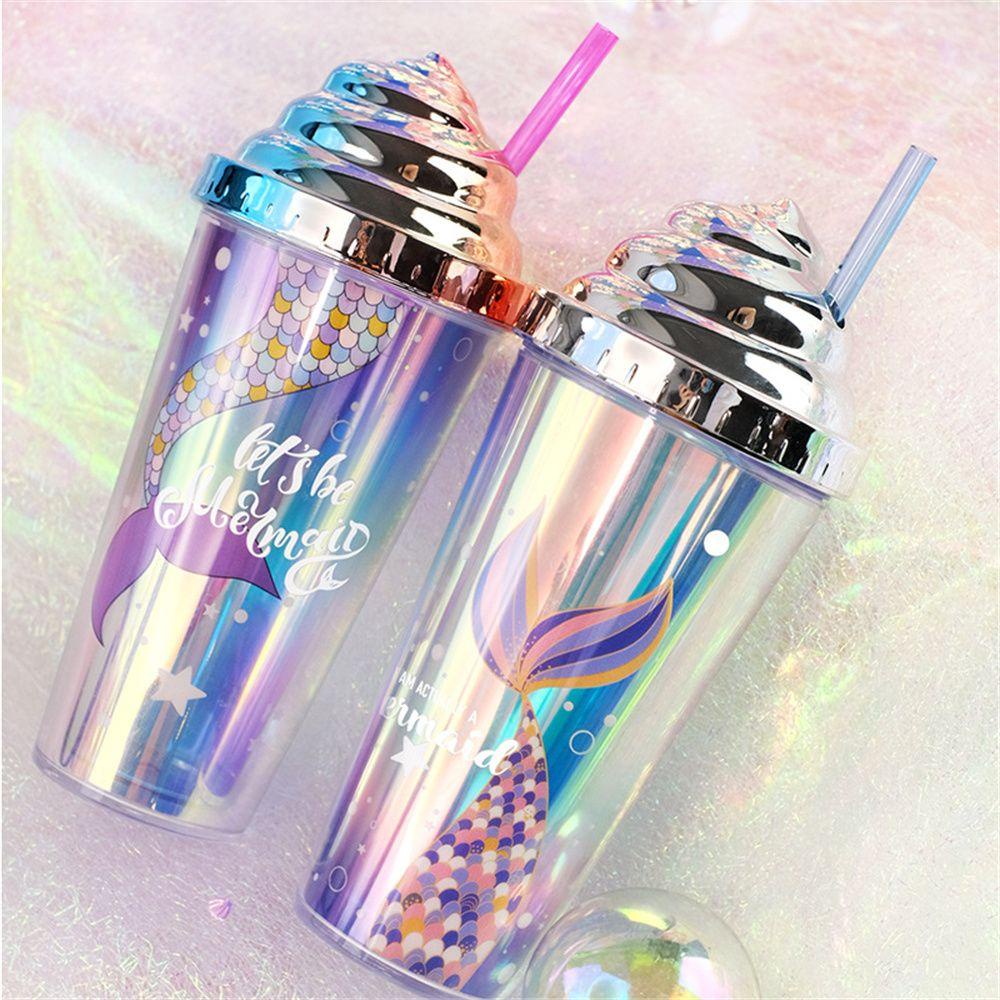 R-FLOWER 420ml Botol Air Dinding Ganda Ins Gaya Dengan Sedotan Perlengkapan Minum Gradien Glittery Mermaid Juice Teh Susu Mug