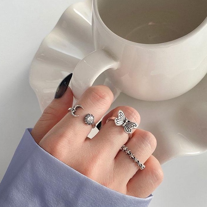 3PCS/SET Cincin Import Korea Motif Matahari Kupu-Kupu Terbuka / Cincin Wanita Import / Cincin Pria