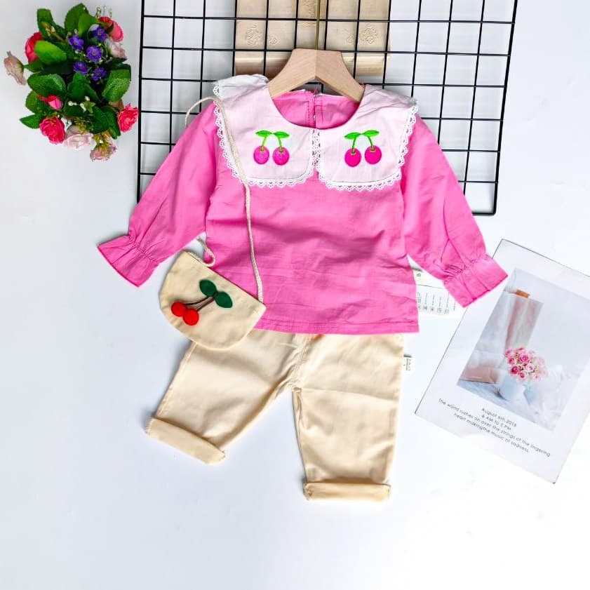 Promo !! Setelan korean style anak perempuan /  Setelan two cherry fashionable ukuran  1-3tahun