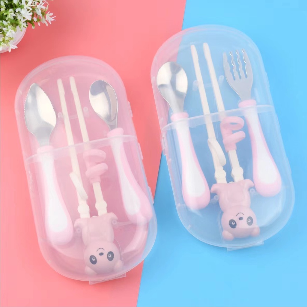 [1KG 6PCS] Babyland Alat makan Sendok Garpu sumpit Set anak/ Set Alat Makan Anak/ Stainless Gratis Tempat Simpan Chopstick Training Latihan Sumpit