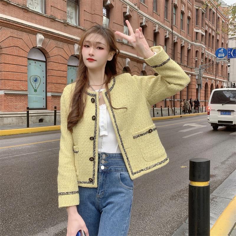 jaket korean style wanita yellow small tweed short coat spring French retro lady style