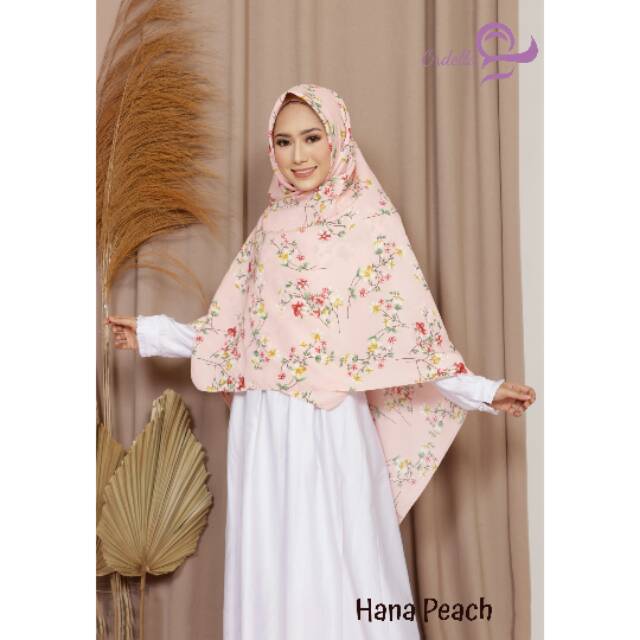 Jilbab Segi Empat Motif bunga - Kerudung Hana Peach Ordella Hijab - Khimar Jumbo Syari Terbaru