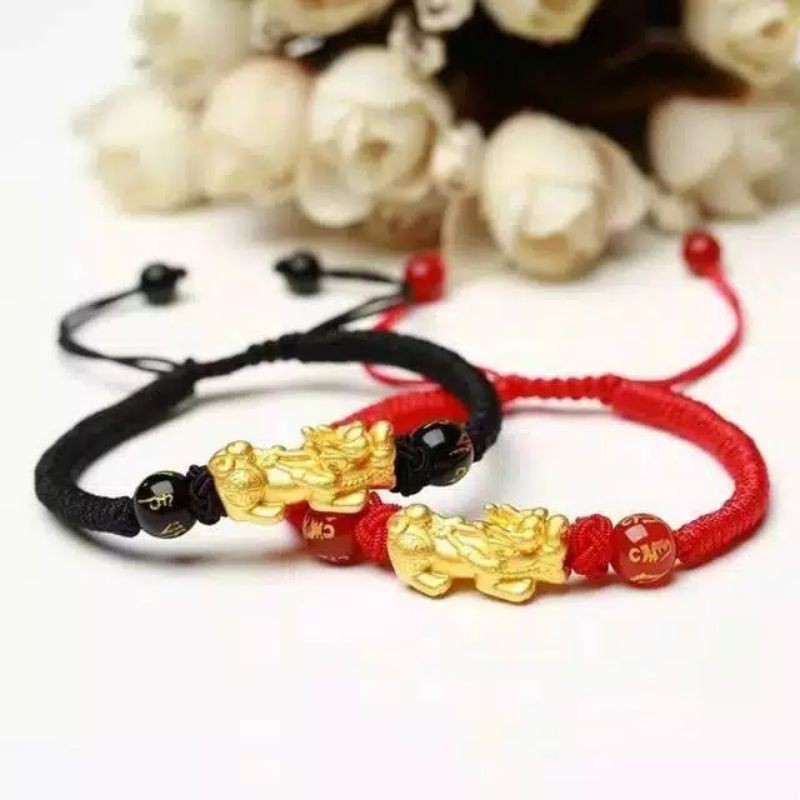 gelang tali merah cina emas hongkong asli naga pixou 24 karat