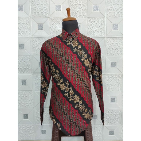 Batik kemeja pria lengan panjang lapis furing bahan katun premium size reguler prg merah hitam