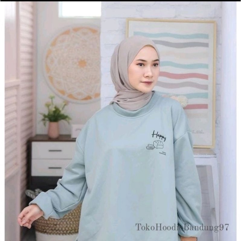 SWEATER HOODIE WANITA CREWNECK HAPPY OVERSIZE-1