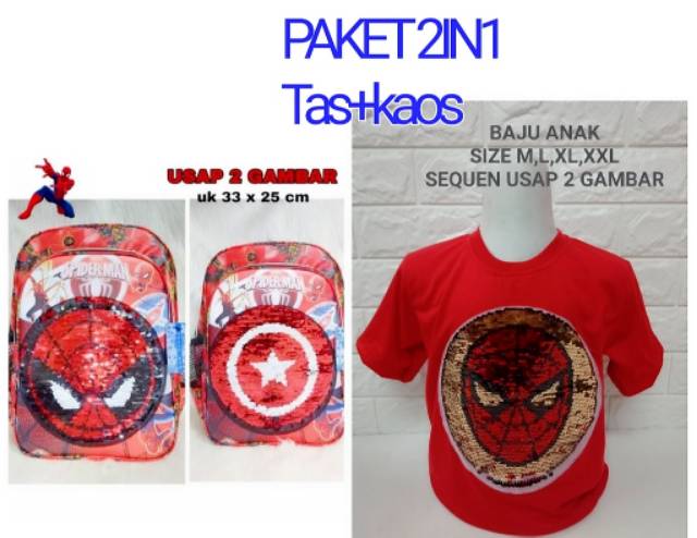 2in1tas anak kapten marvel ,spiderman,batman ,superman free kaos /tas anak sequen berubah gambar