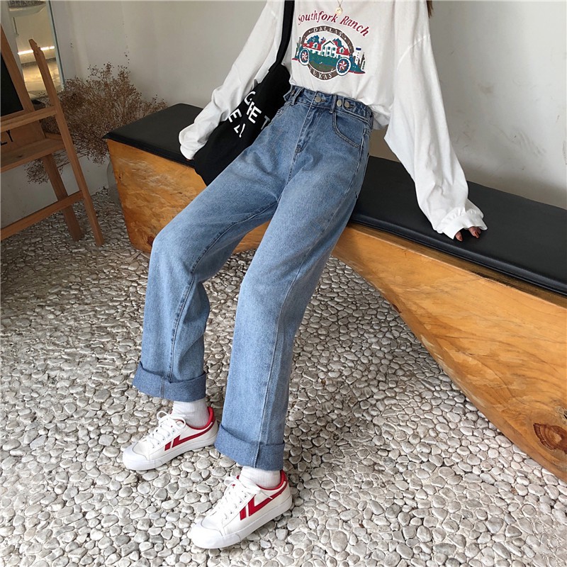 XIAOZHAINV Jeans High Waist Straight Loose Korean Style Celana Wanita