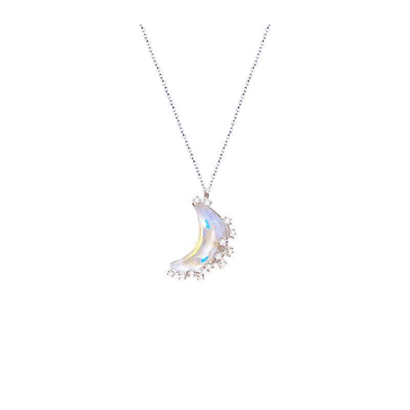 Kalung Rantai Klavikula Pendek Bahan 925 Silver Aksen Kristal Zircon Bentuk Bulan Gaya Korea Untuk Wanita