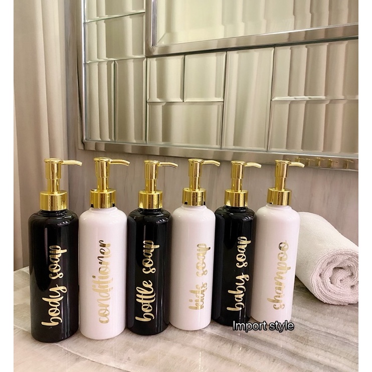 botol HITAM 250ml glossy GOLD KECIL . aesthetic bottle minimalist refill organizer tempat sabun cair pump estetik with sticker quality