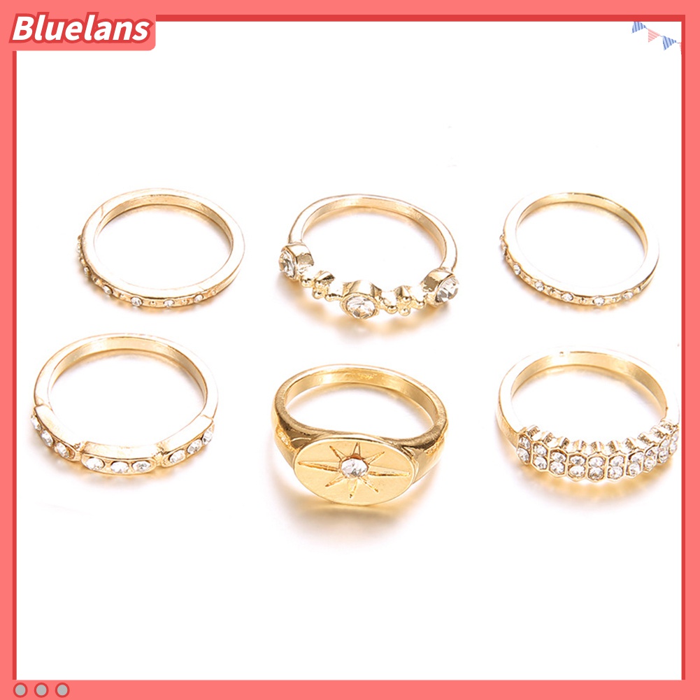 6pcs / Set Cincin Jari Bentuk Matahari Aksen Berlian Imitasi Untuk Wanita