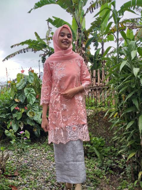 Baju kurung tulle bordir 3D peach